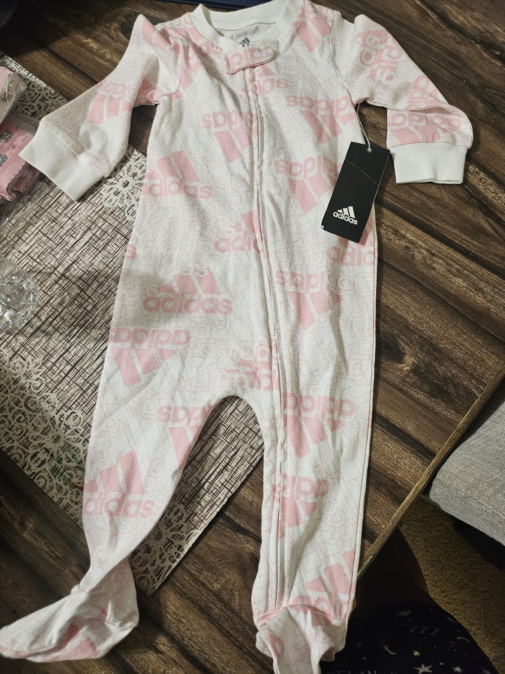 adidas Pink and White Logo Footed One-Piece